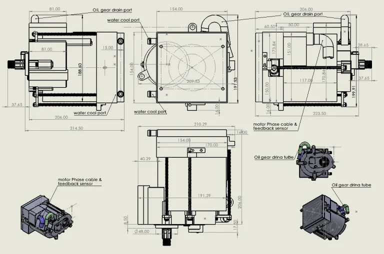 Drawing dimension motorGear 5kw72V WaterCool_3D model drawing dimension